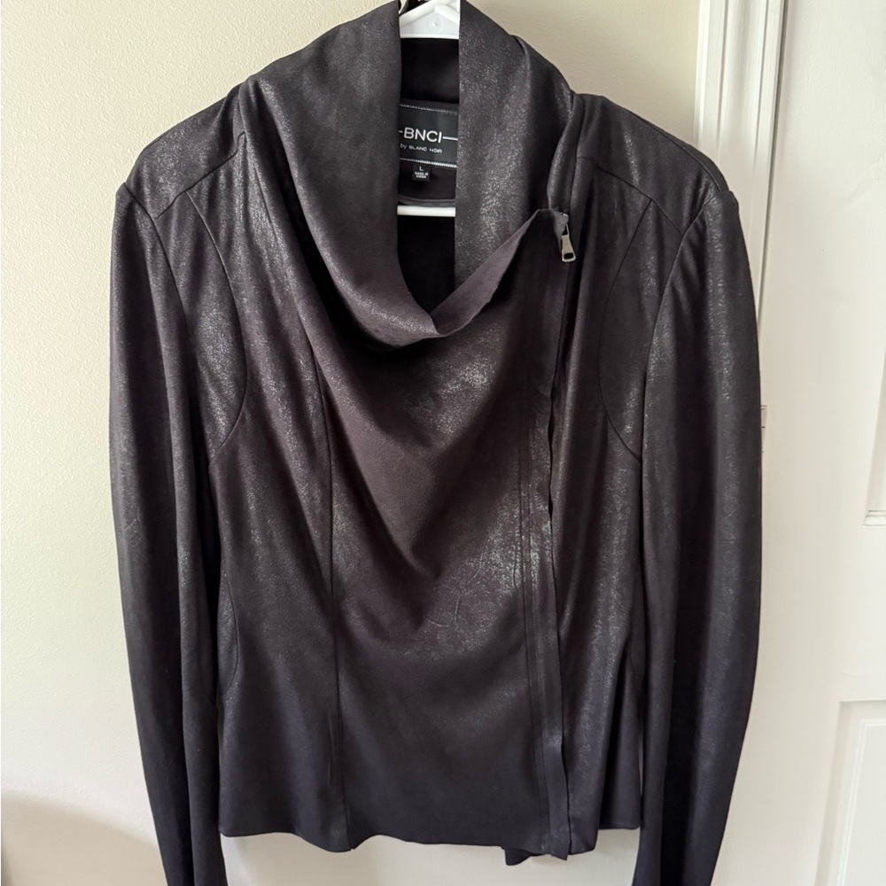 Blanc Noir Black Leather Jacket with Draped Cowl Neckline